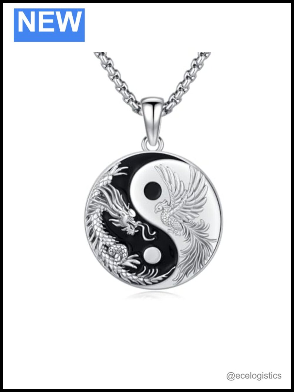 925 Sterling Silver Yin Yang Dragon Phoenix Pendant Necklace 22in